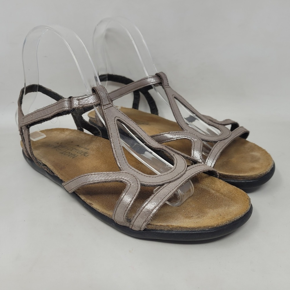 Naot Sandals 39 US8 Pewter Metallic Leather Dorith Strappy Comfort Footbed Flat